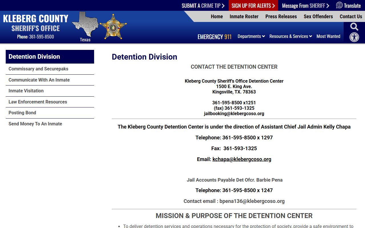 Kleberg County Detention Center jail division and inmate lookup contact page