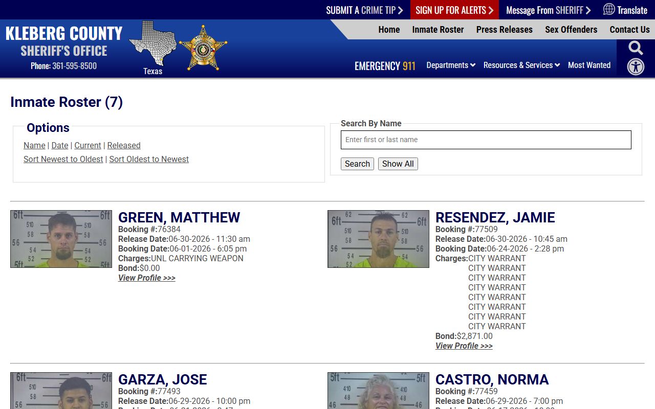 Kleberg County released inmate roster list with released filter