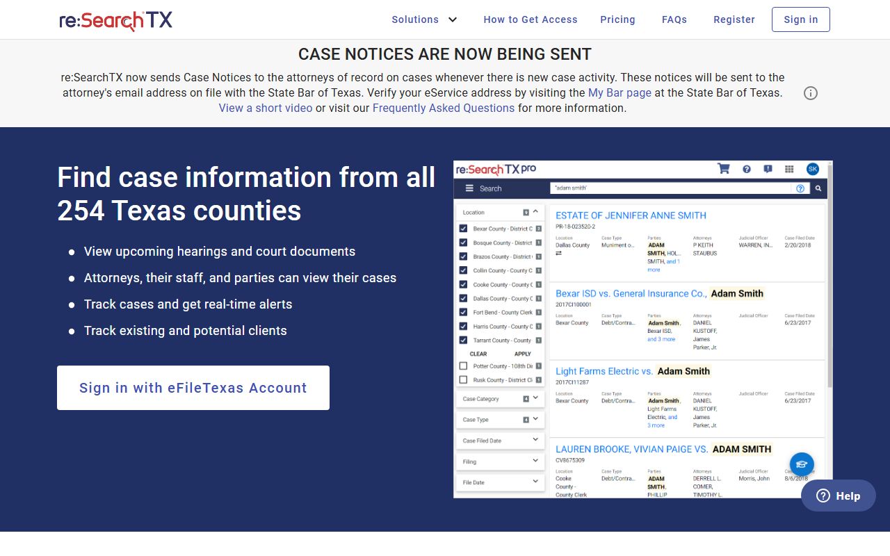 re:SearchTX court-record search portal for Texas public case lookup