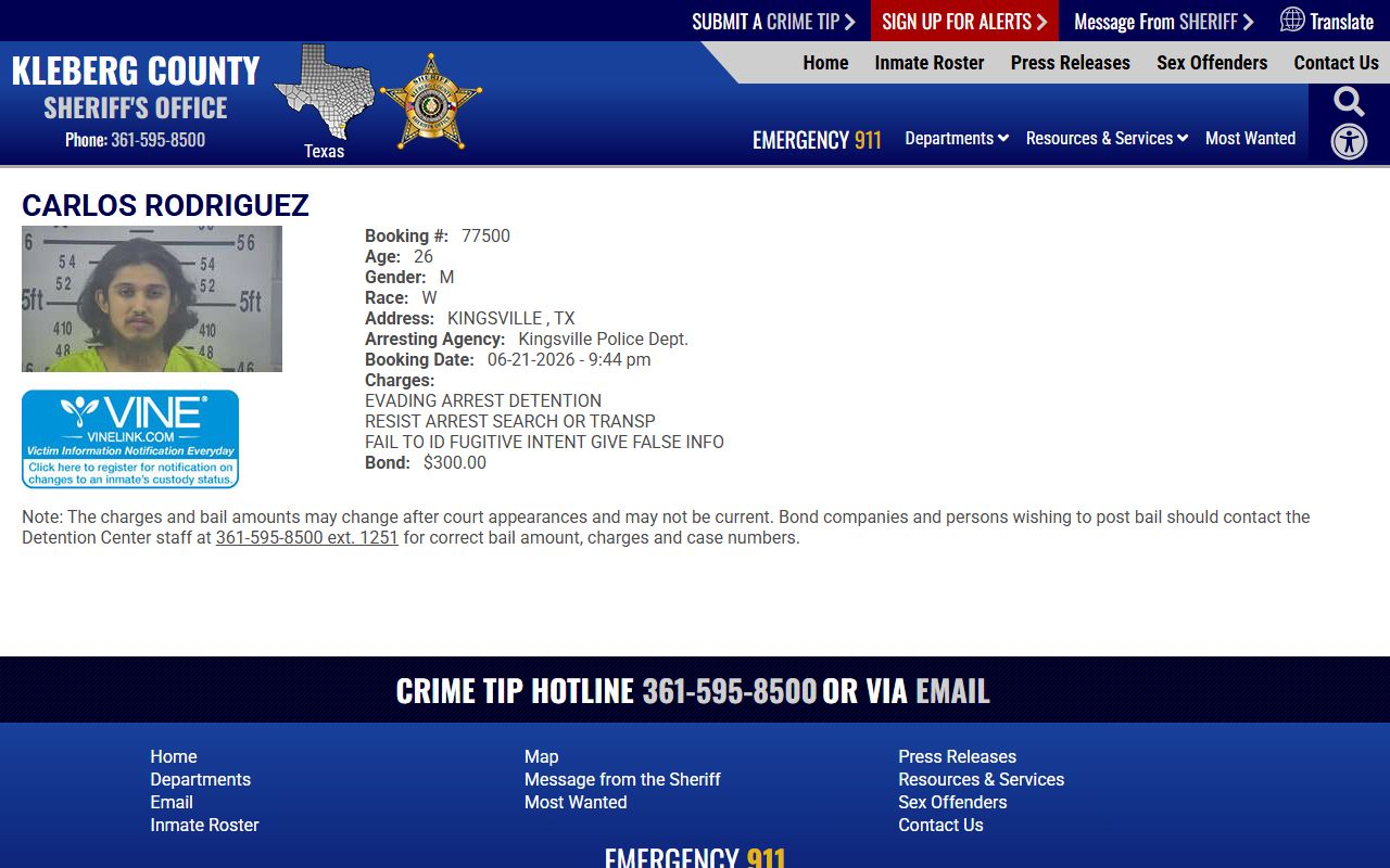 Kleberg County inmate records profile fields and mugshot