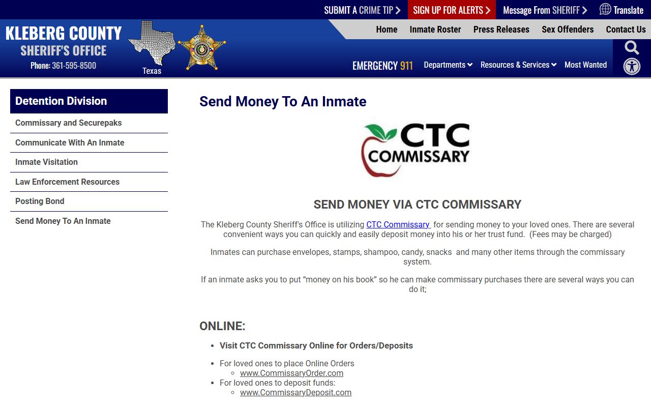 Kleberg County Detention Center inmate money deposit information